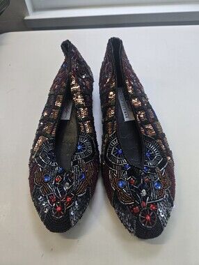 Beverly Feldman Beaded Sequined Flats in Black, Red, Blue